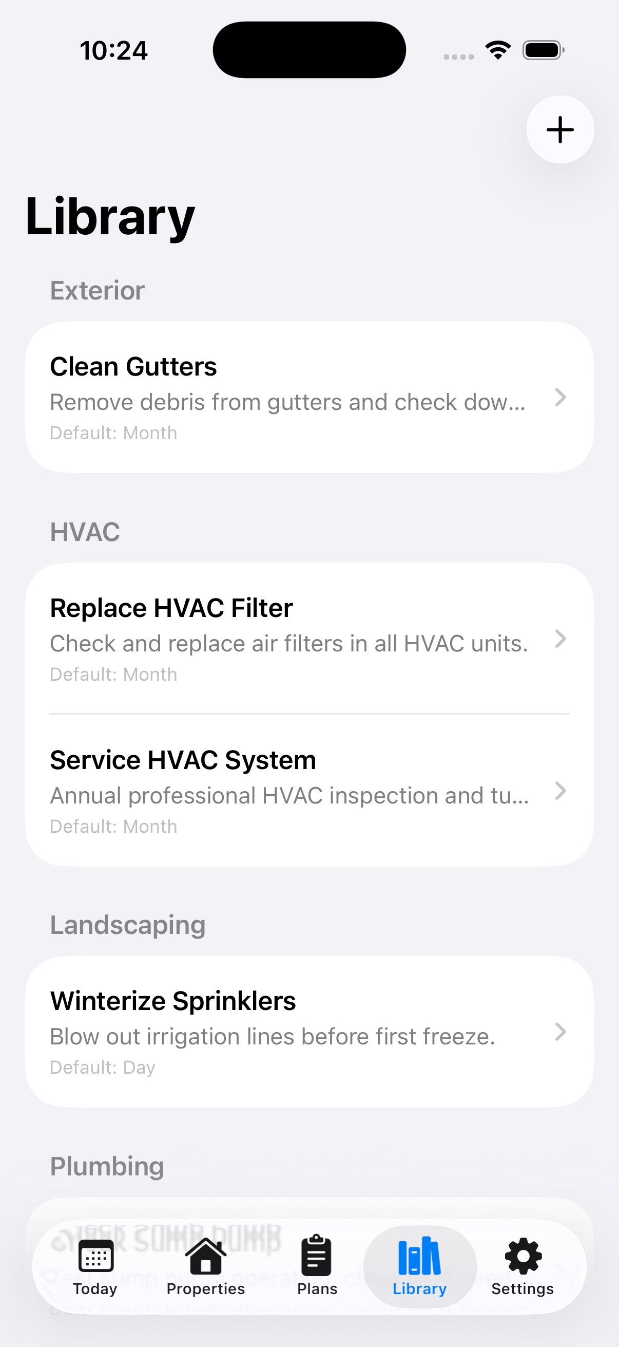 Task template library organized by category: Exterior, HVAC, Landscaping, Plumbing